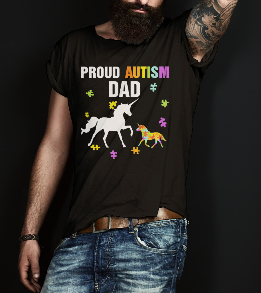 Proud Autism Dad Unicorn Puzzle Autism Awareness T-Shirt