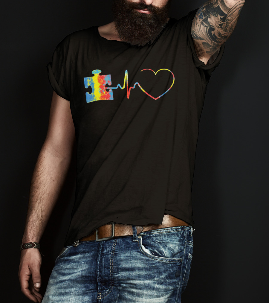 Autism Awareness Puzzle Piece With Colorful Heartbeat Line T-Shirt