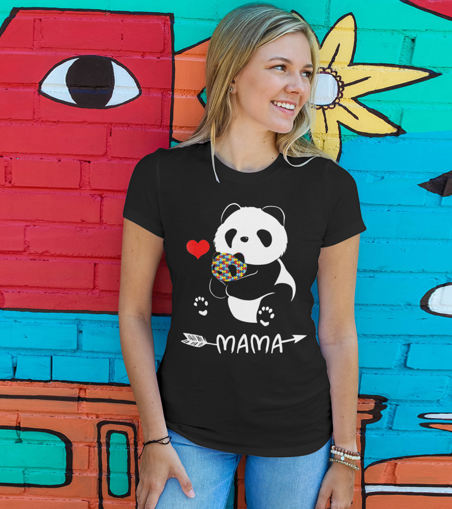 Mama Panda Bear Autism Awareness Heart Puzzle Support T-Shirt