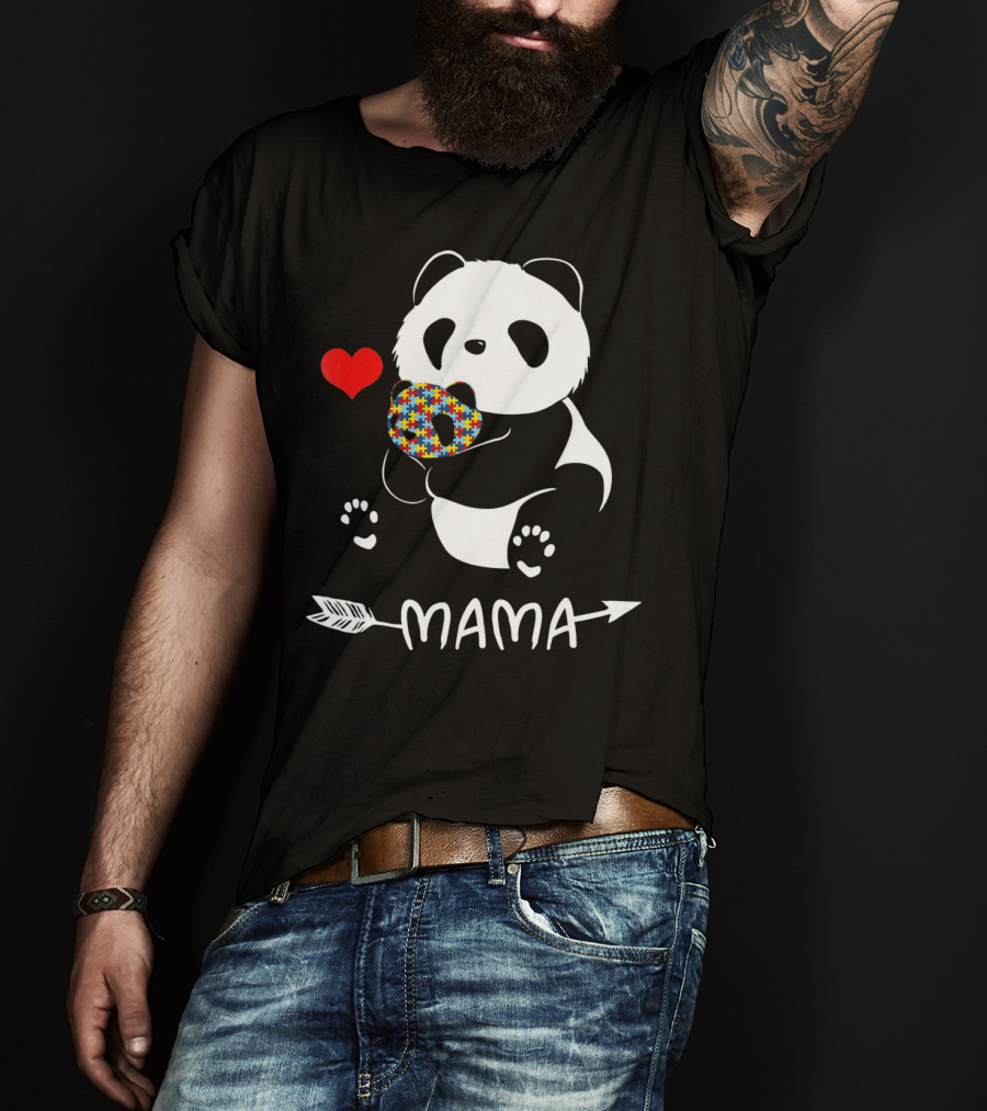 Mama Panda Bear Autism Awareness Heart Puzzle Support T-Shirt