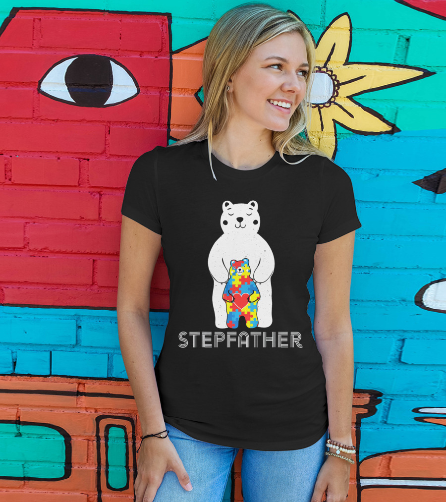 Stepfather Bear With Puzzle Pattern For Autism Awareness T-Shirt