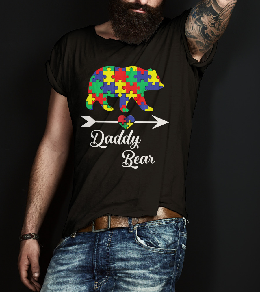 Daddy Bear Puzzle Heart Arrow Autism Awareness Dad T-Shirt