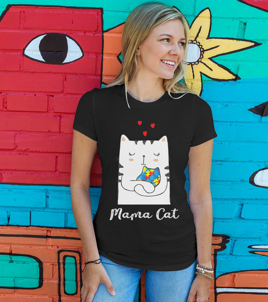Proud Autism Awareness Mama Cat Hugging Puzzle Piece Hearts T-Shirt