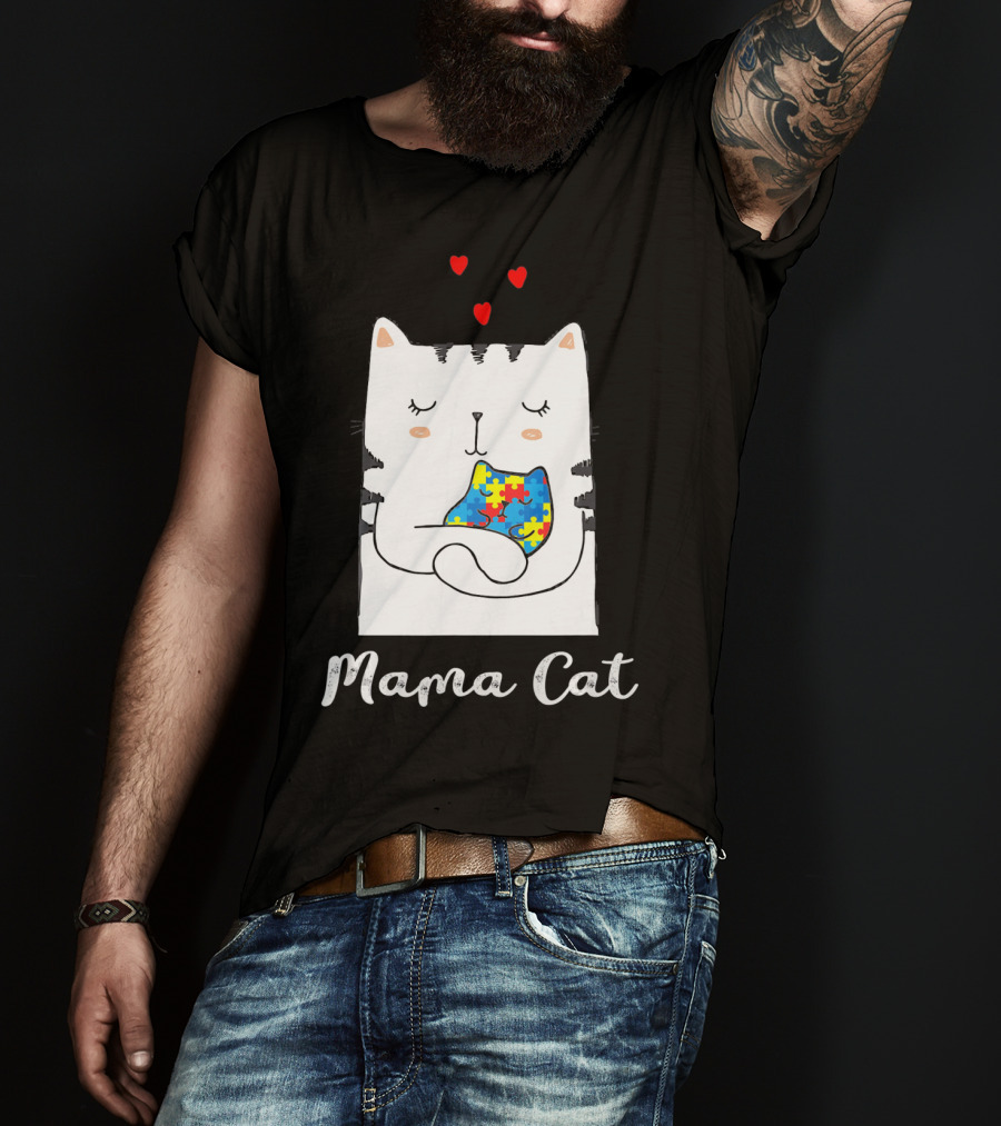 Proud Autism Awareness Mama Cat Hugging Puzzle Piece Hearts T-Shirt