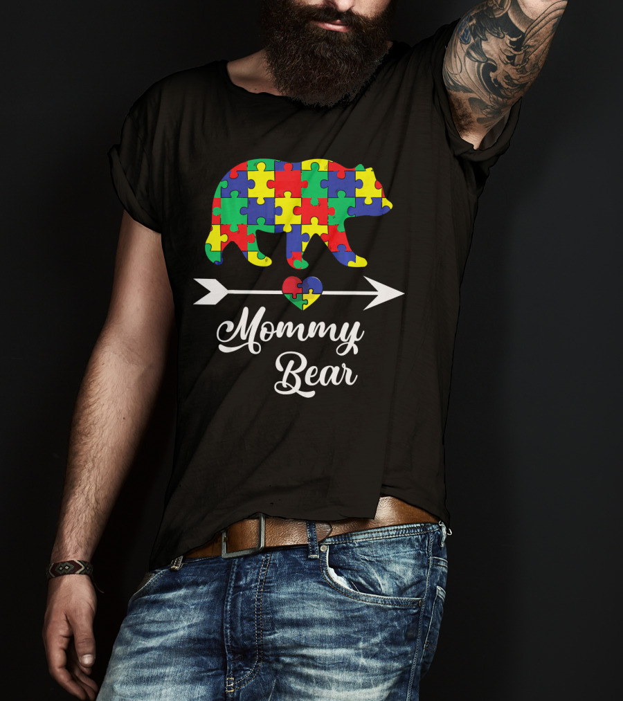 Mommy Bear With Puzzle Heart Autism Awareness T-Shirt