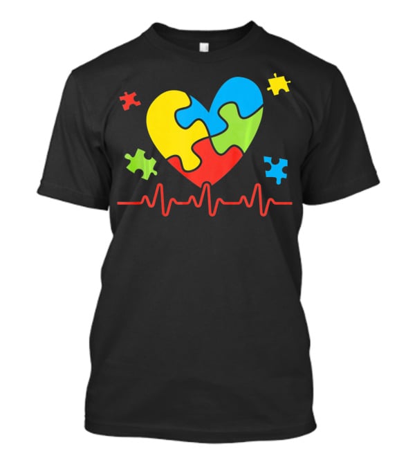 Autism Awareness Heart Puzzle Piece With Heartbeat Line T-Shirt