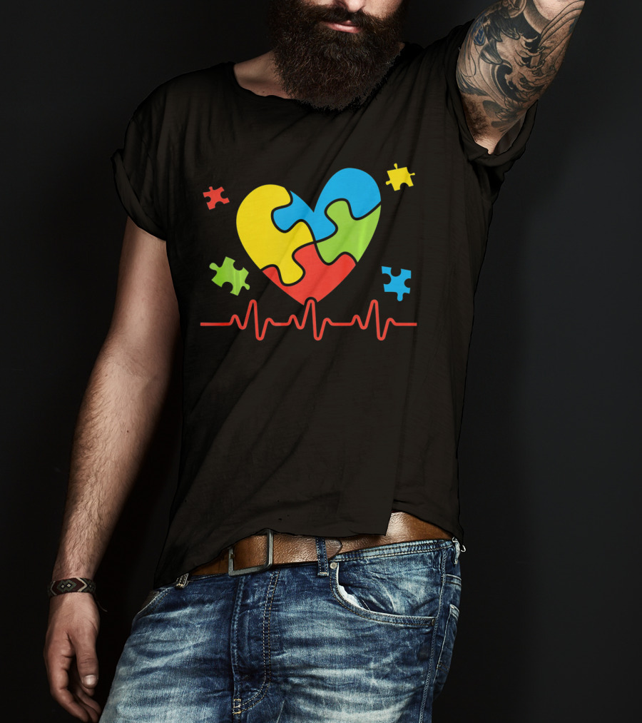 Autism Awareness Heart Puzzle Piece With Heartbeat Line T-Shirt