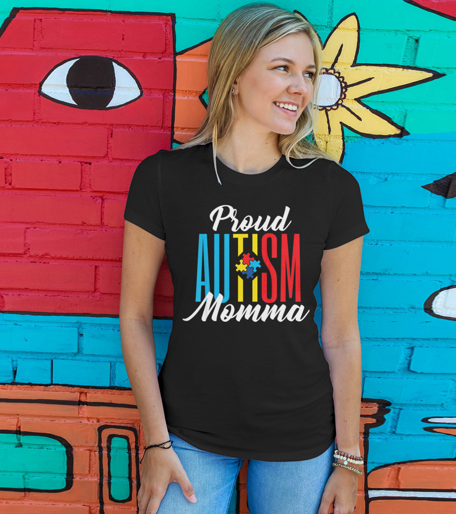 Proud Autism Momma Awareness Puzzle Pieces T-Shirt