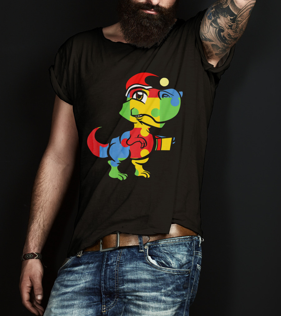 Funny Christmas Autism Awareness Santa Dinosaur Puzzle T-Shirt
