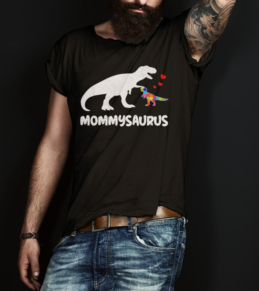 Mommysaurus Dinosaur Autism Puzzle Hearts T-Shirt