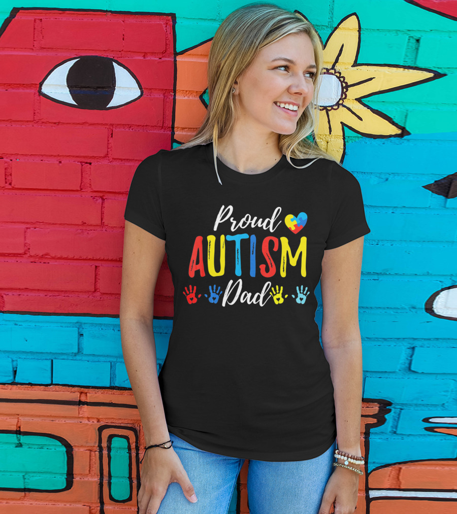 Proud Dad Autism Awareness Heart And Handprints T-Shirt