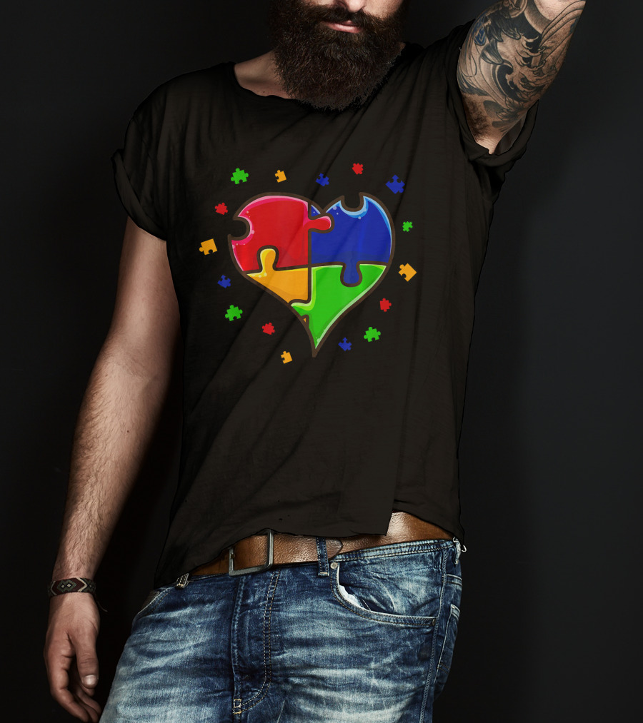Autism Awareness Month Love Heart Puzzle Pieces T-Shirt