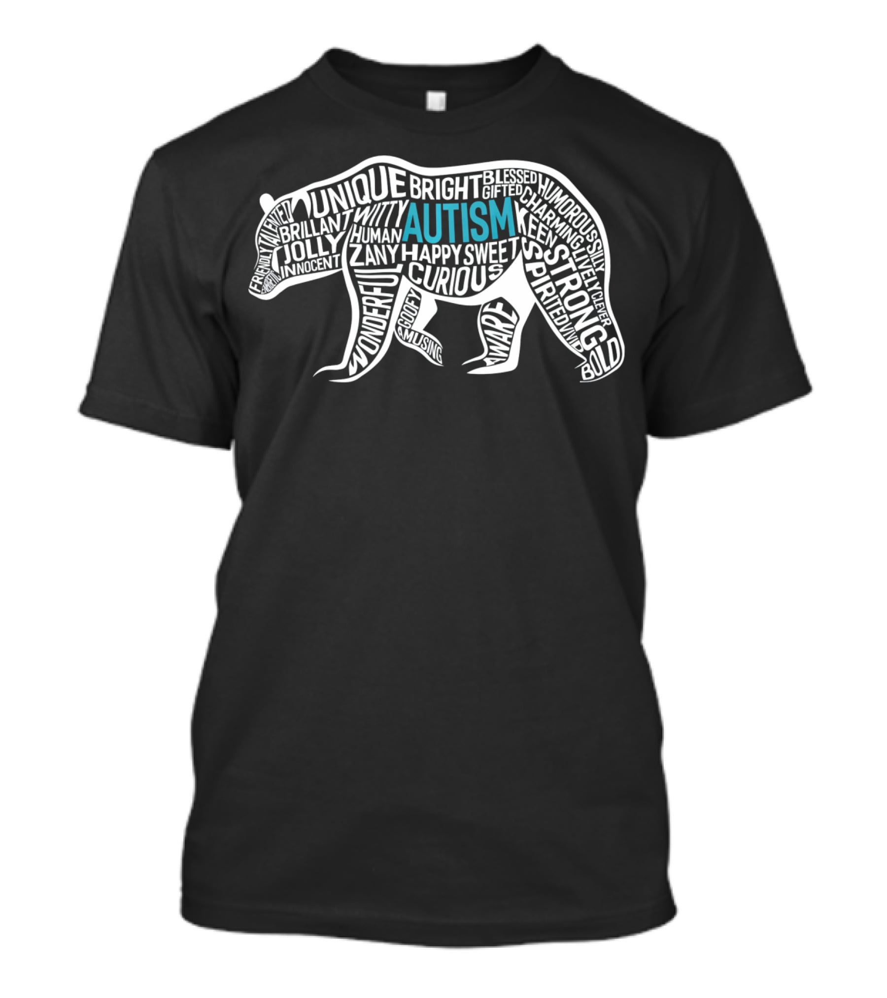 Autism Awareness Bear Word Cloud Unique Strong Curious Happy T-Shirt
