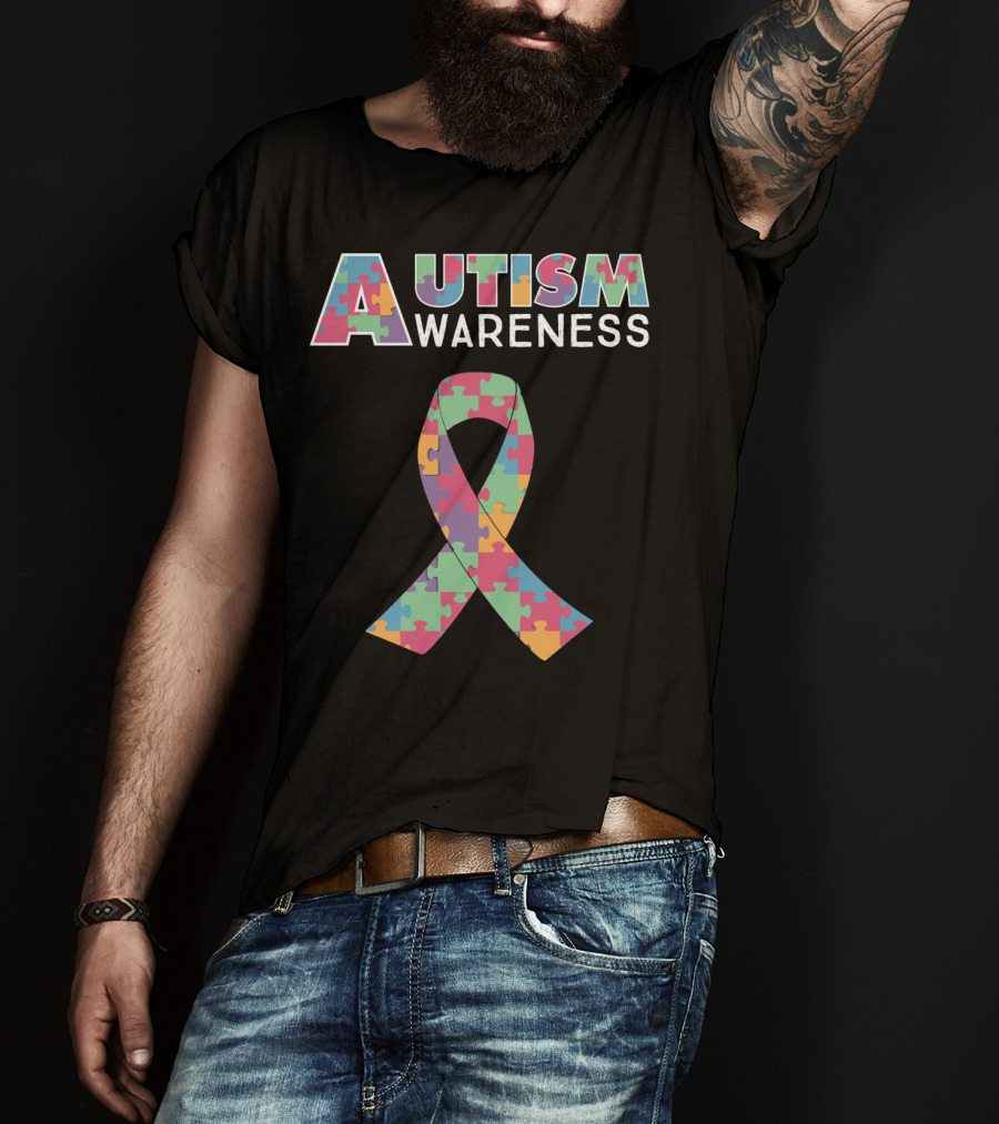 Autism Awareness Puzzle Ribbon And Colored Lettering T-Shirt