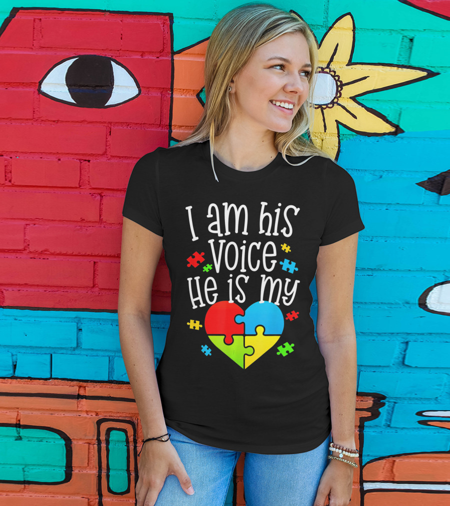I Am His Voice He Is My Heart Autism Puzzle Pieces T-Shirt