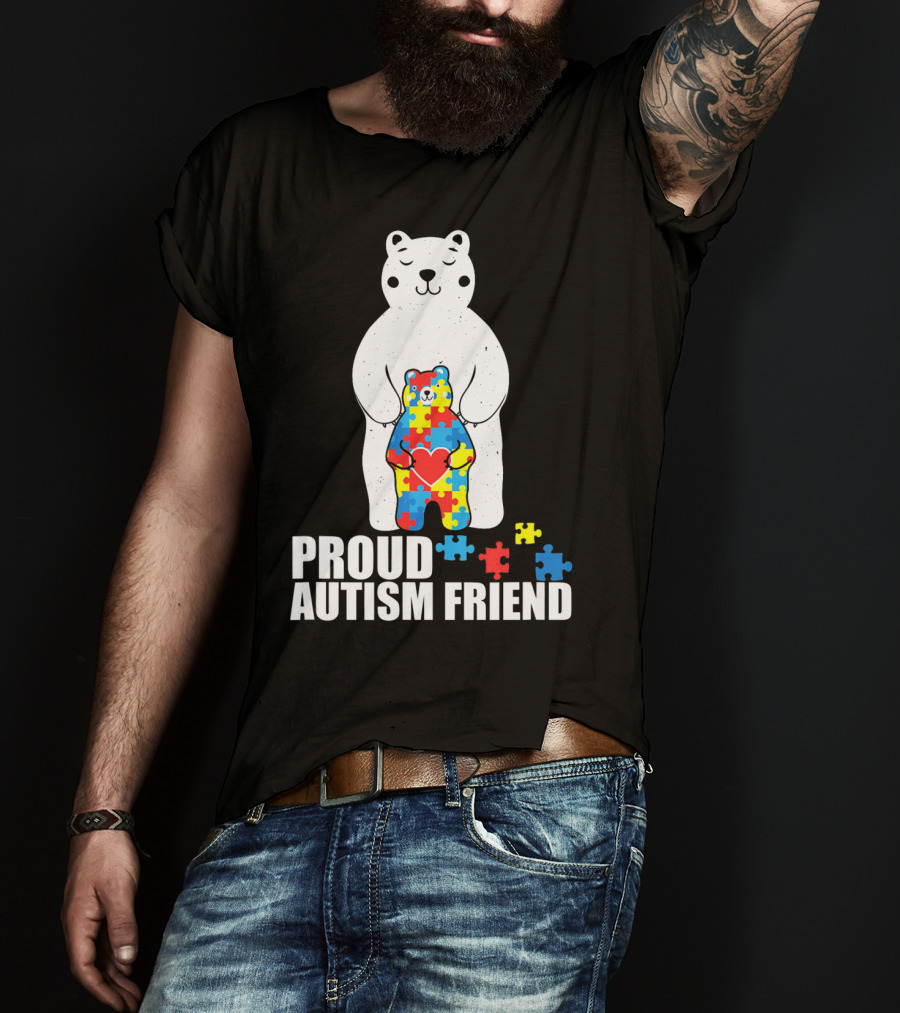 Proud Autism Friend Bear With Colorful Puzzle Pieces T-Shirt