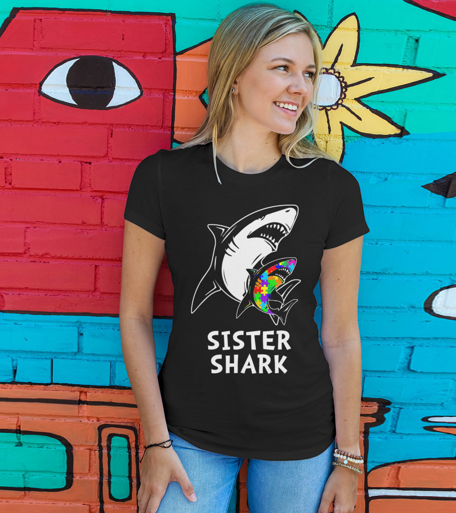 Sister Shark Autism Awareness Puzzle T-Shirt