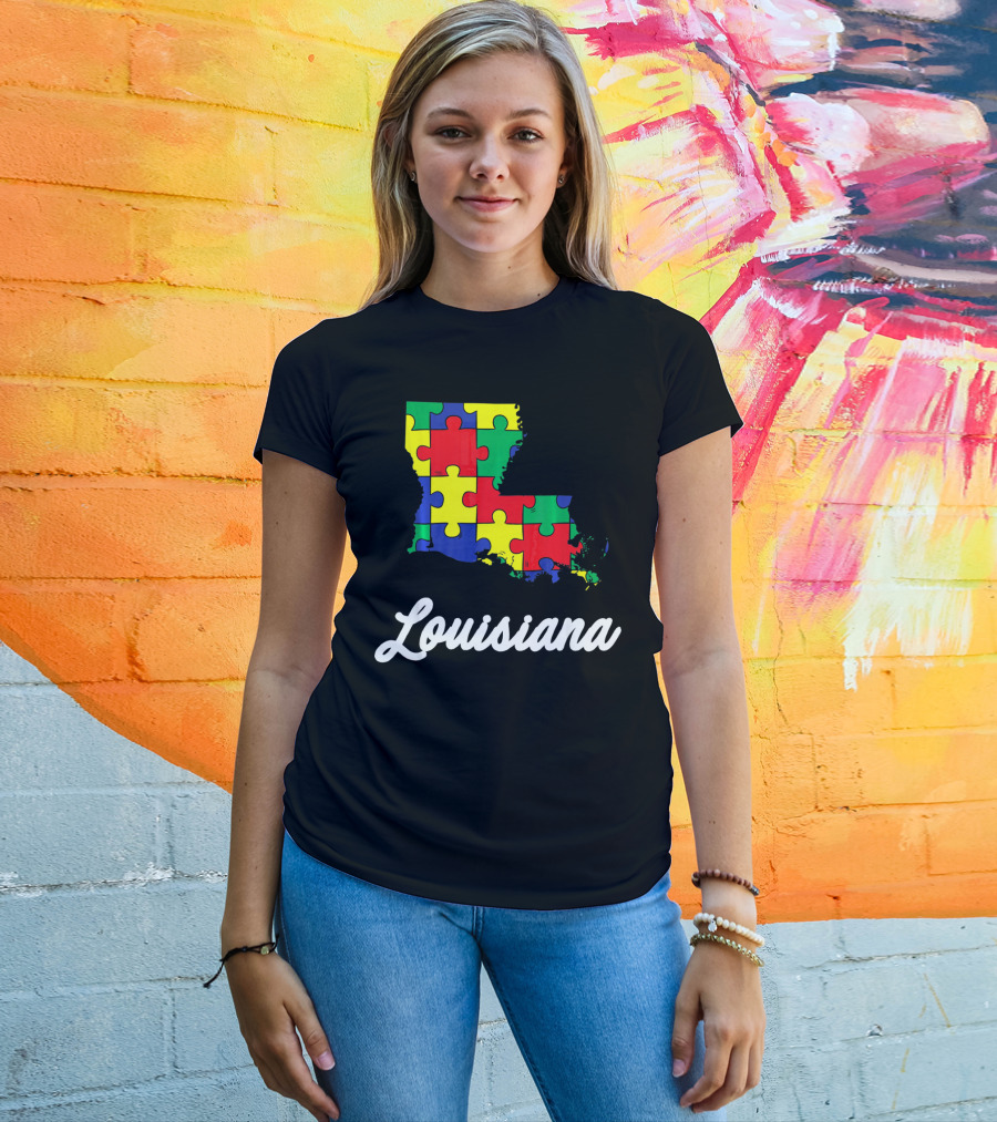 Autism Awareness Puzzle Map Louisiana T-Shirt