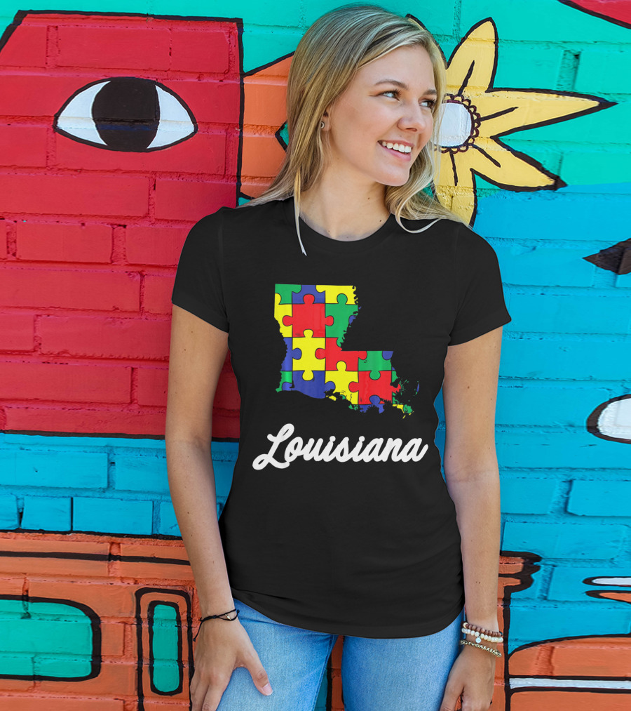 Autism Awareness Puzzle Map Louisiana T-Shirt