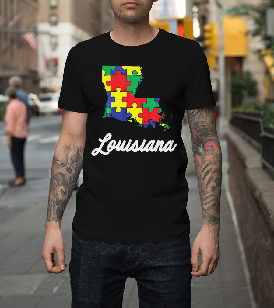 Autism Awareness Puzzle Map Louisiana T-Shirt