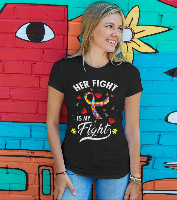 Her Fight Is My Fight Puzzle Ribbon Hearts Autism Awareness T-Shirt