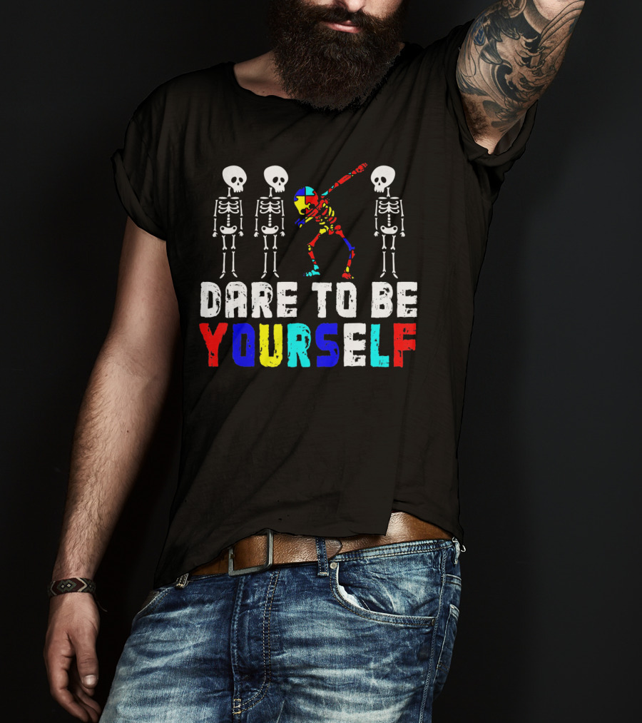 Dare To Be Yourself Skeleton Dabbing Autism Puzzle Colors T-Shirt