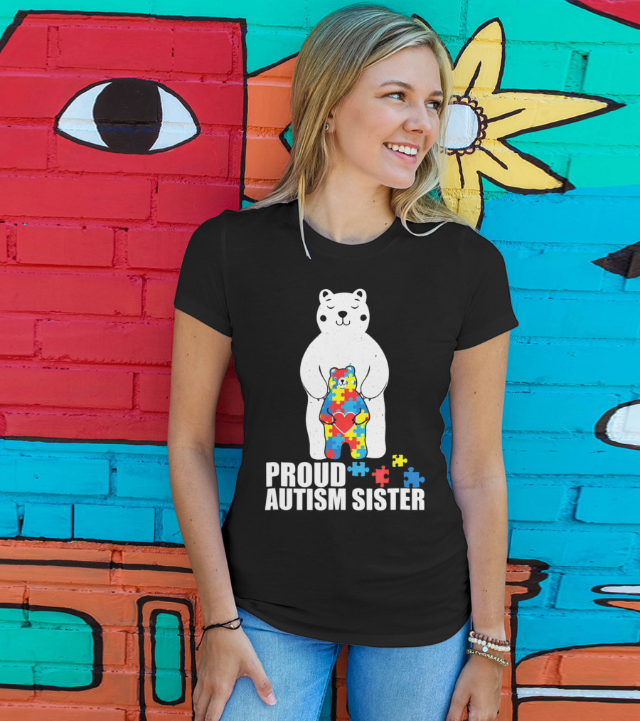 Proud Autism Sister Bear Puzzle Heart Multicolor T-Shirt