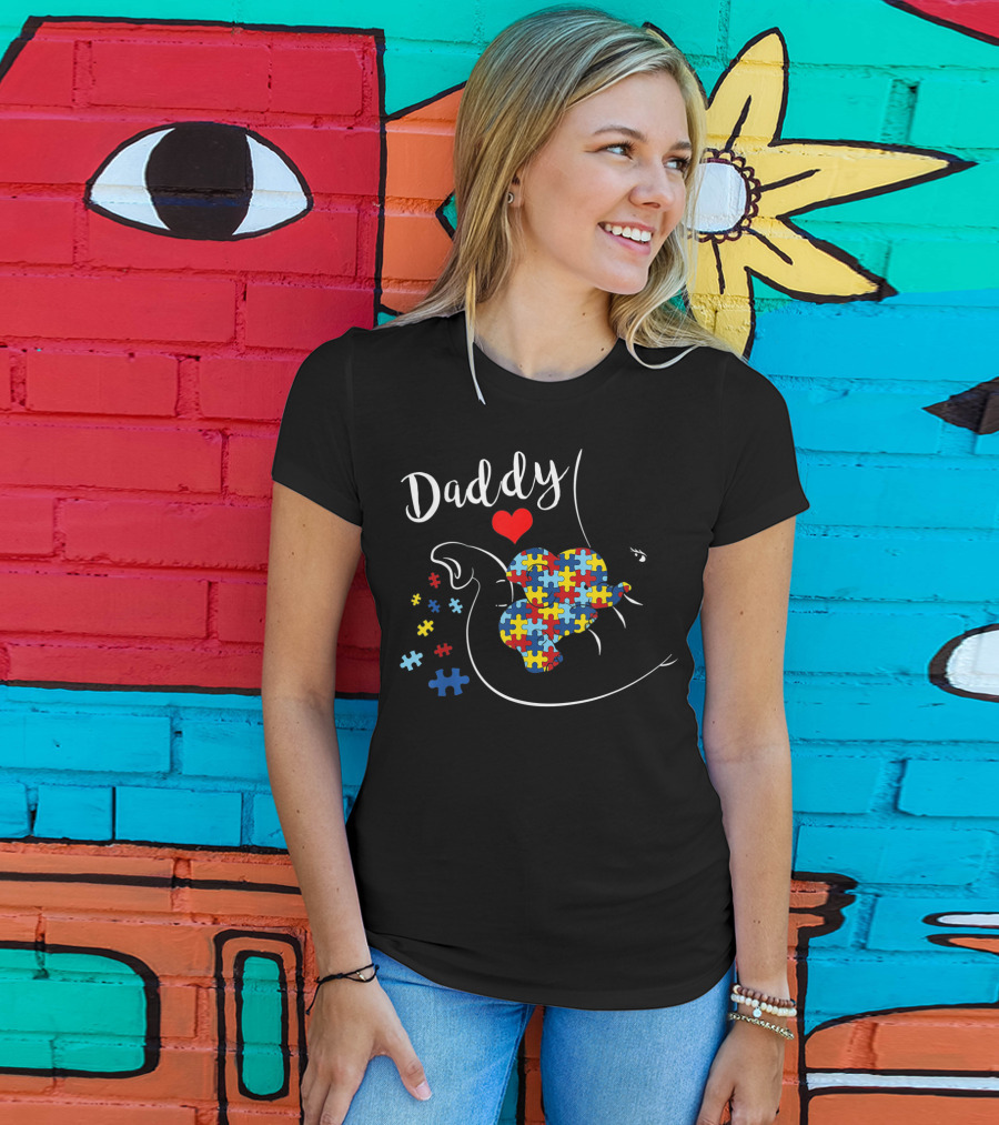 Daddy Elephant With Autism Awareness Puzzle Heart T-Shirt