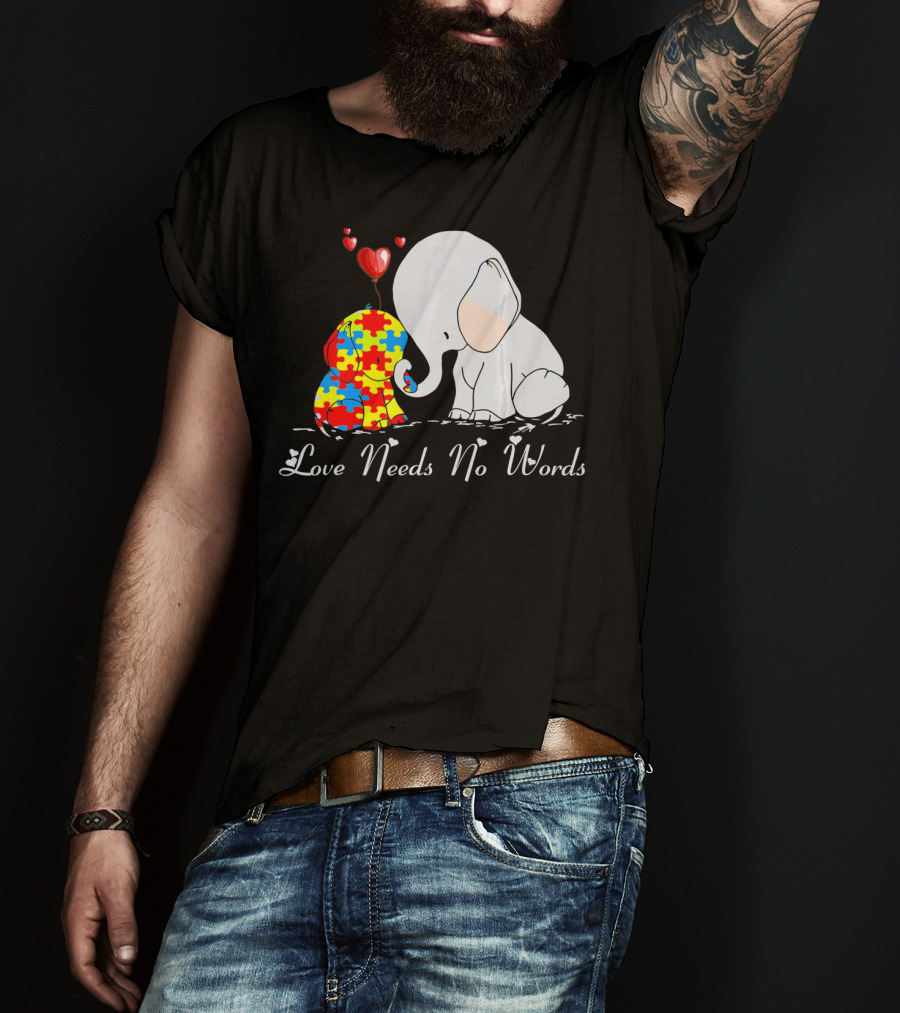 Love Needs No Words Autism Awareness Elephant Puzzle Hearts T-Shirt