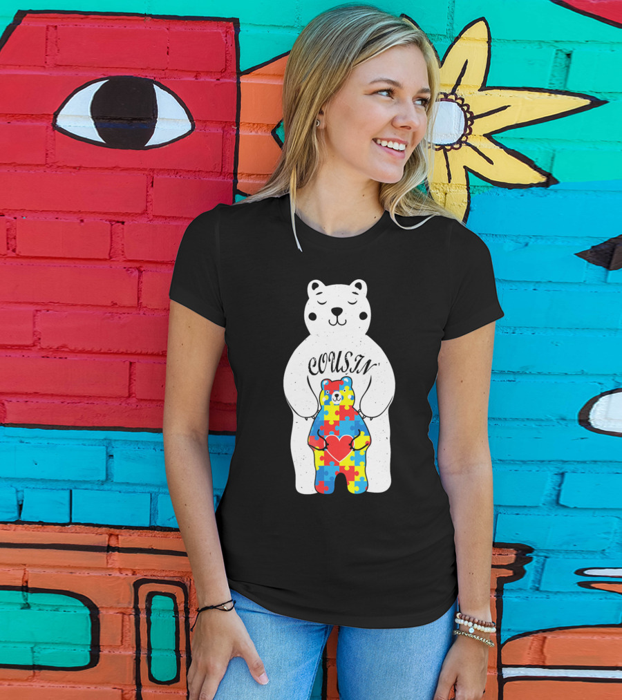 Cousin Bear Holding Autism Awareness Puzzle Heart ASD T-Shirt