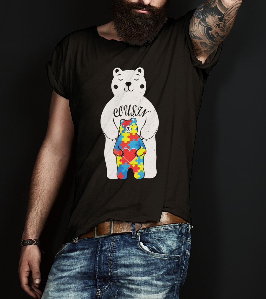 Cousin Bear Holding Autism Awareness Puzzle Heart ASD T-Shirt