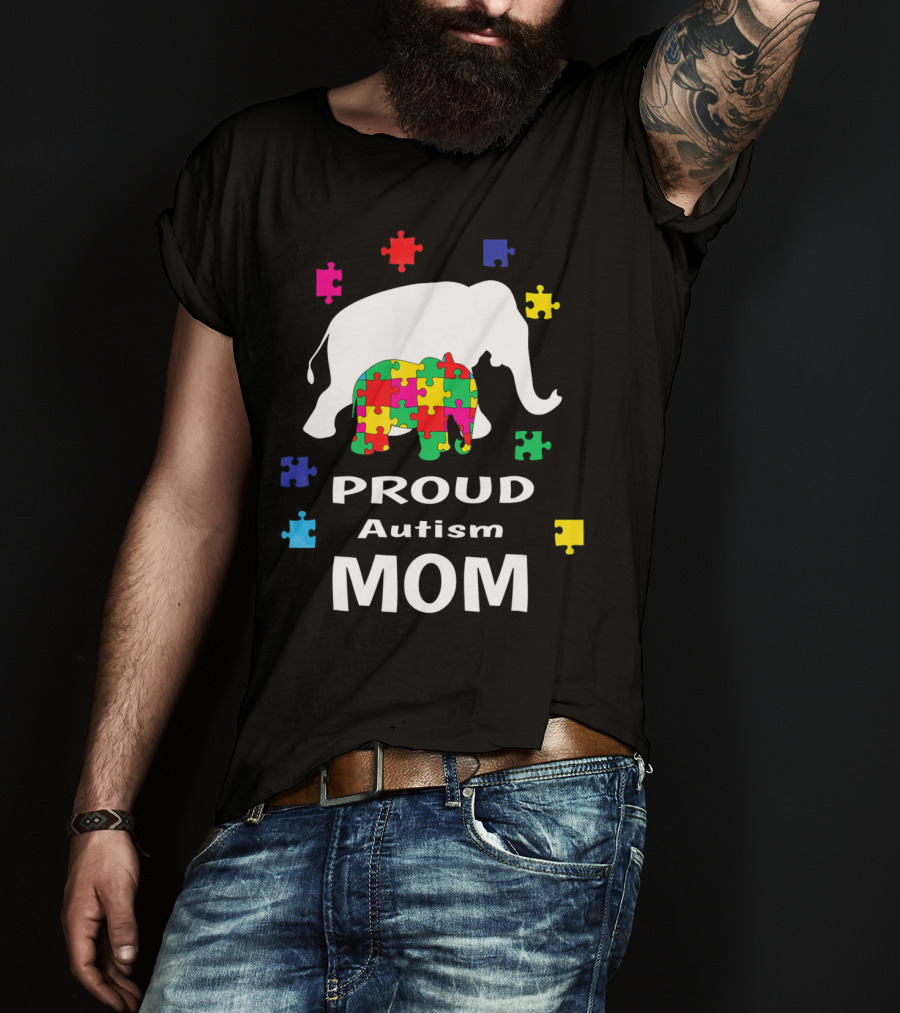 Proud Autism Mom Elephant Puzzle Piece Awareness T-Shirt