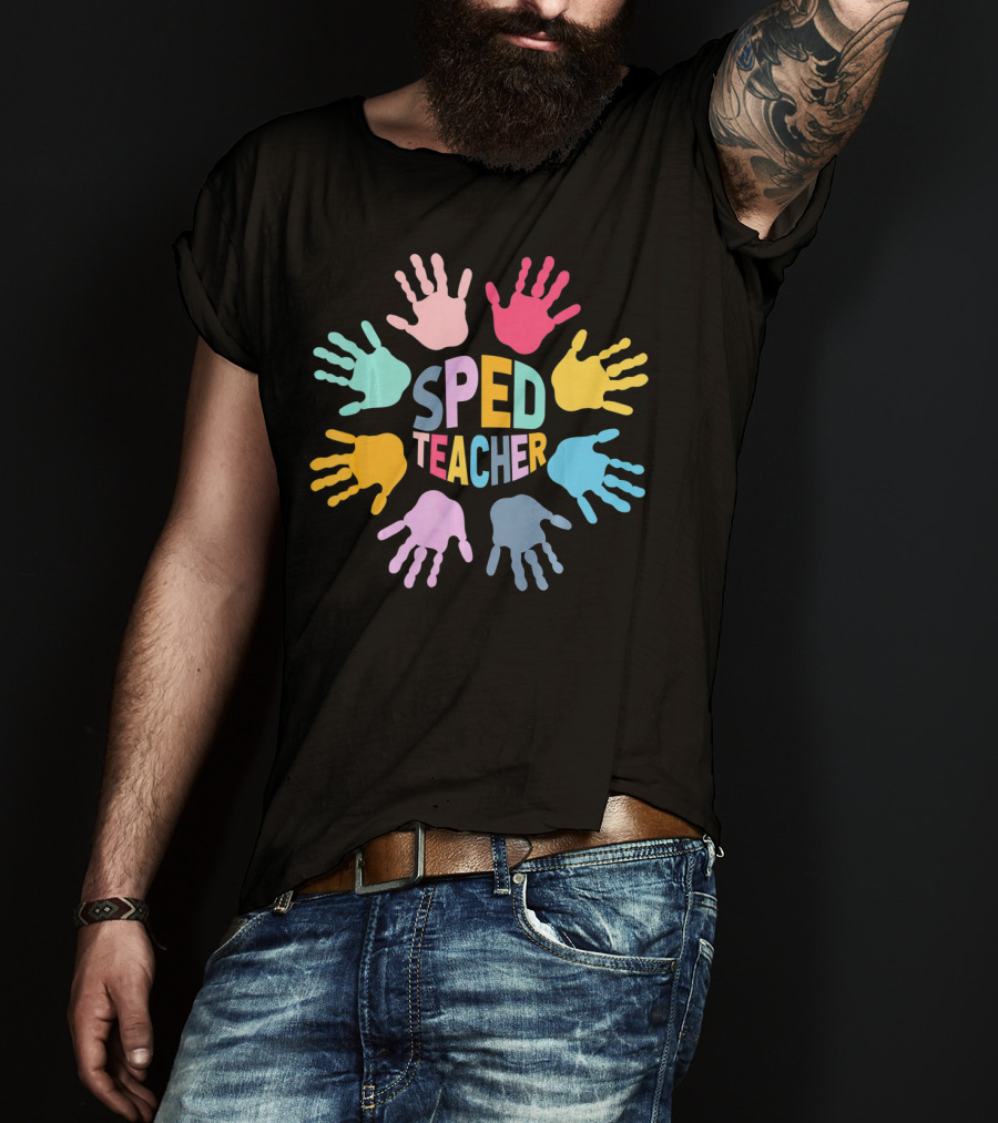 SPED Teacher Colorful Handprint Autism Puzzle Awareness T-Shirt