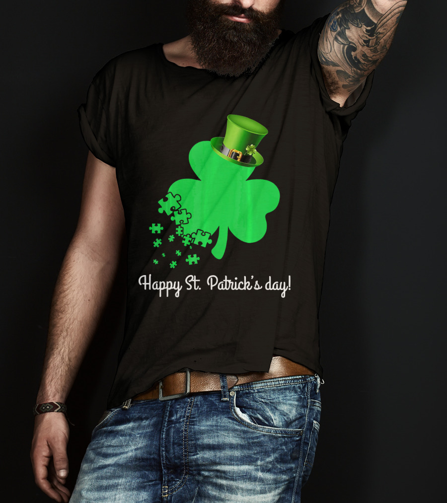 Happy St. Patrick's Day Shamrock With Puzzle Pieces Autism Awareness T-Shirt