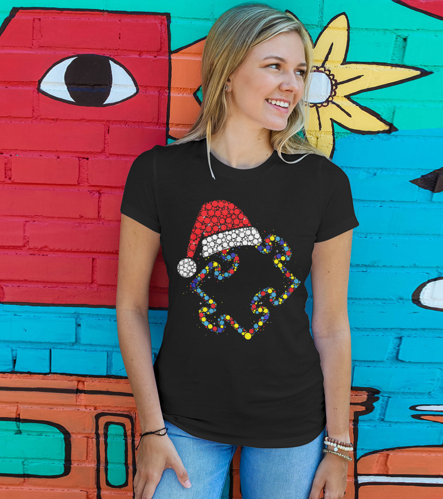 Santa Hat With Colorful Puzzle Pieces Autism Awareness T-Shirt