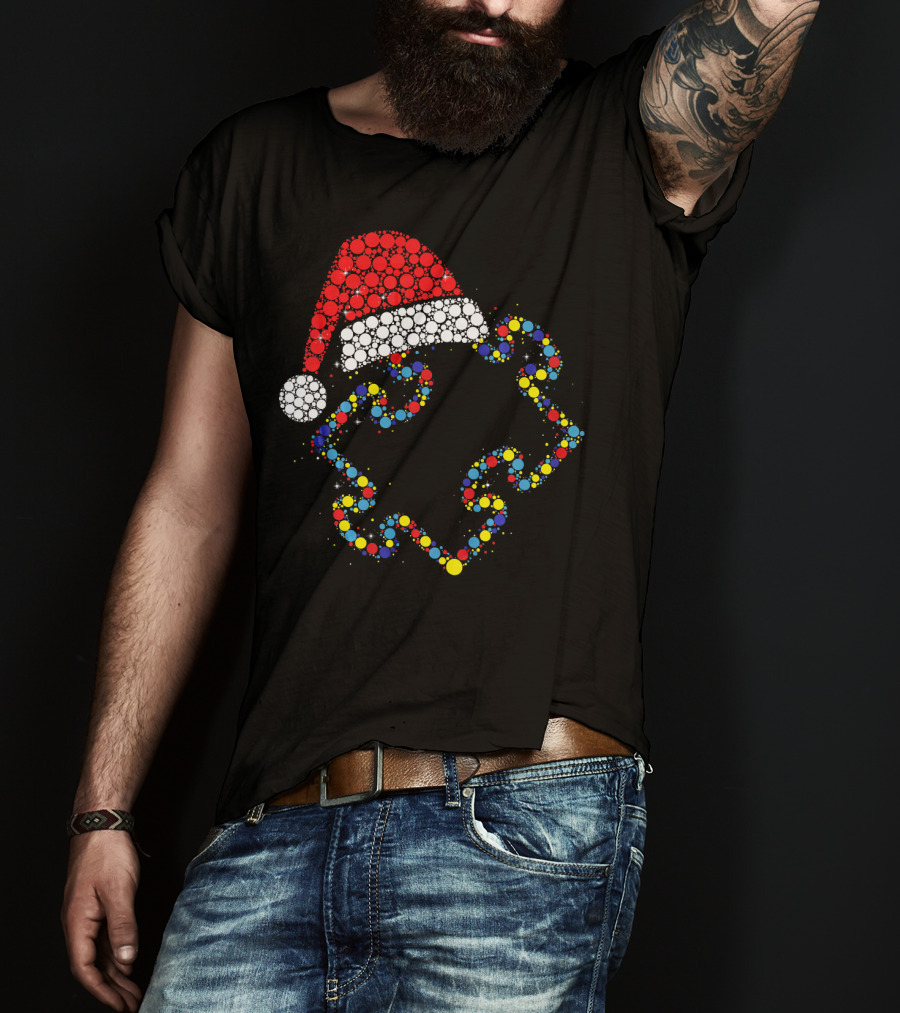Santa Hat With Colorful Puzzle Pieces Autism Awareness T-Shirt