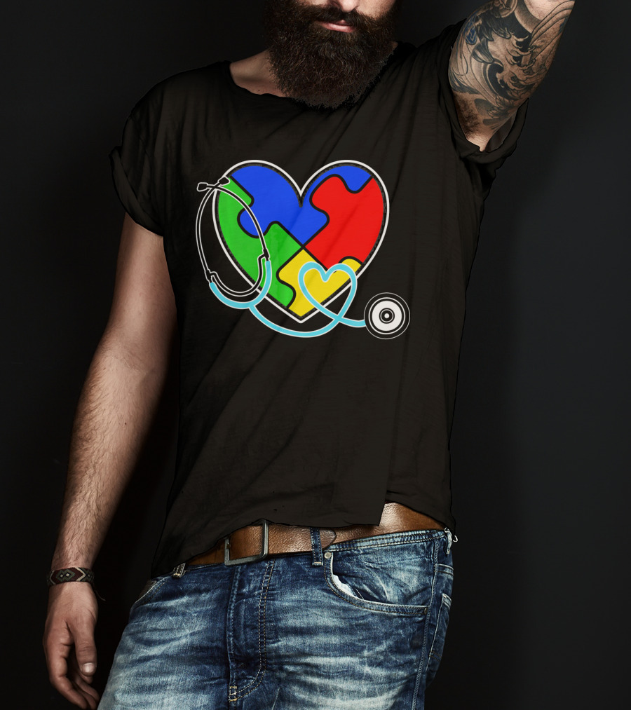 Nurses Autism Awareness Heart With Puzzle Pieces And Stethoscope T-Shirt