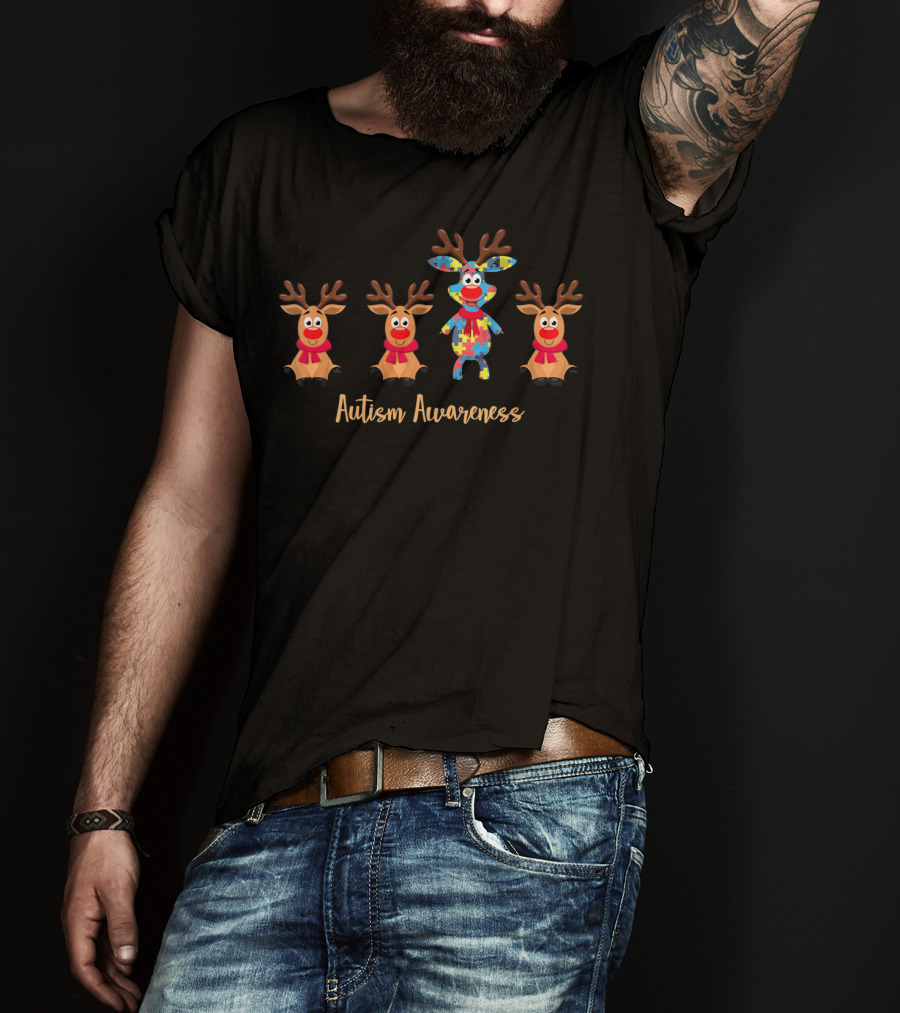Autism Awareness Reindeer With Puzzle Pattern Symbols T-Shirt