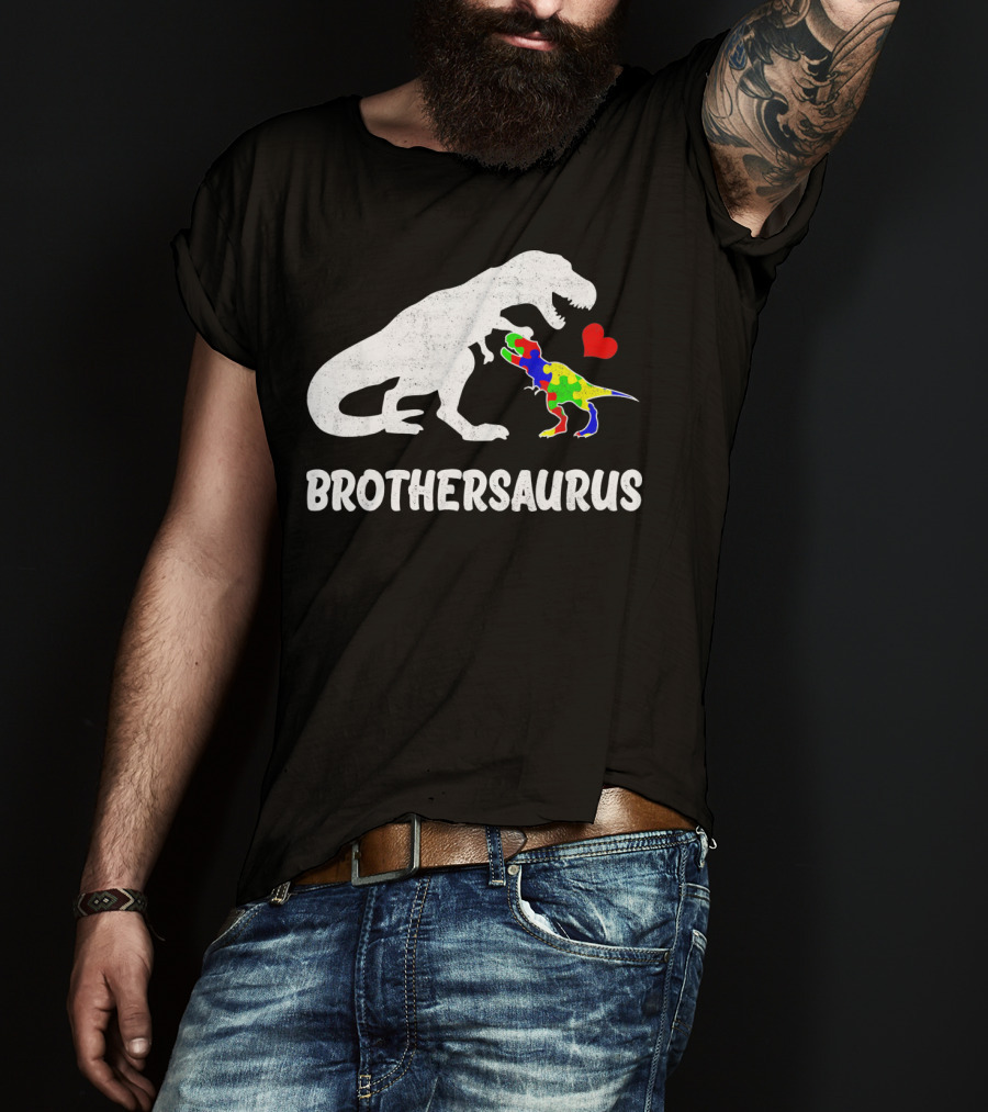 Brothersaurus Strong Dinosaur Autism Heart Puzzle T-Shirt