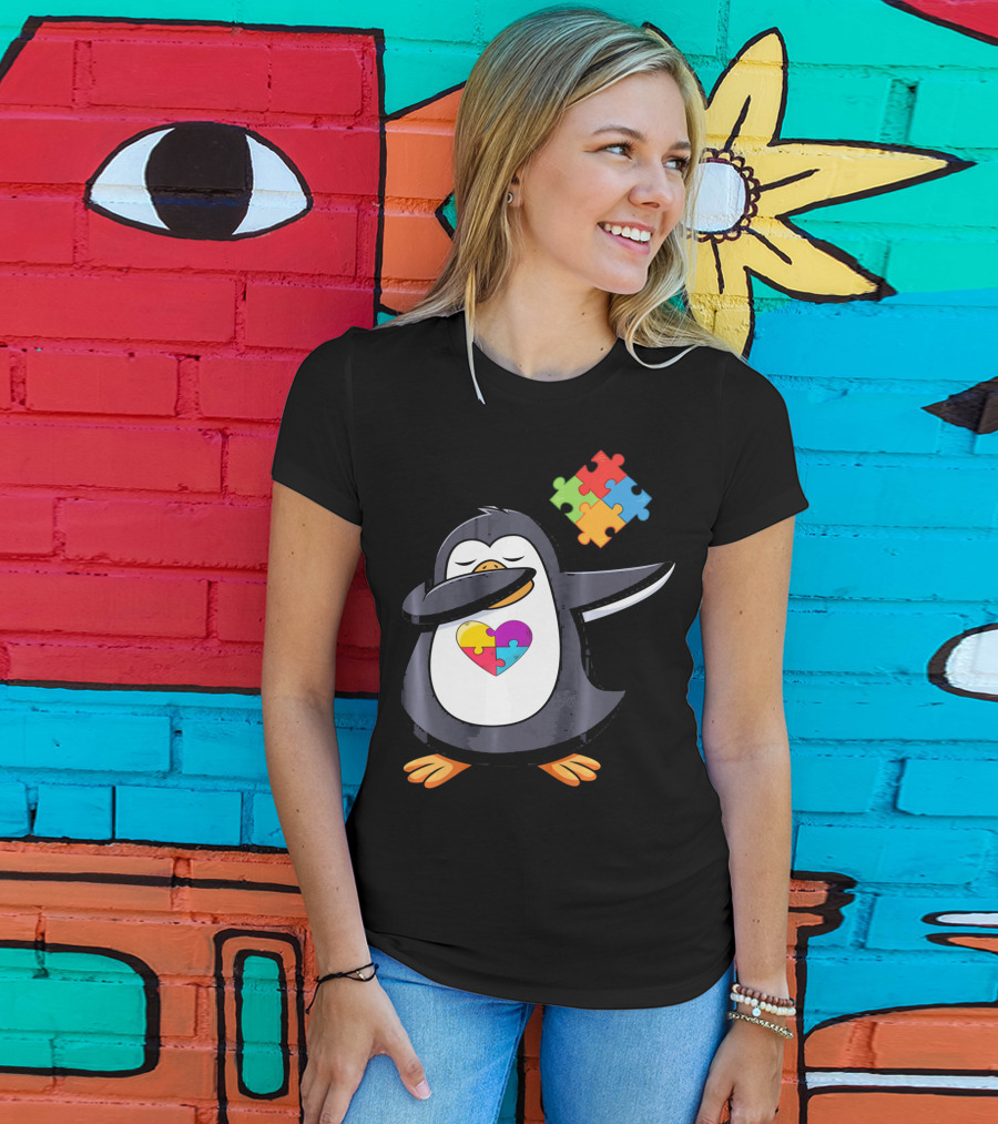 Penguin Dab Puzzle Piece Heart Autism Awareness T-Shirt