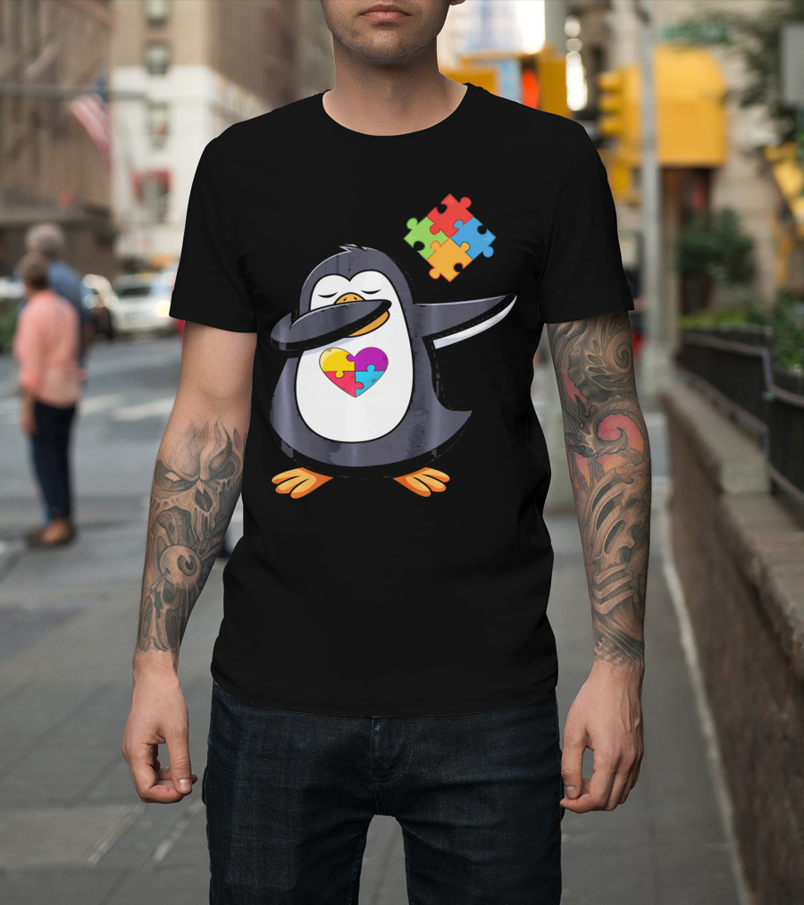 Penguin Dab Puzzle Piece Heart Autism Awareness T-Shirt