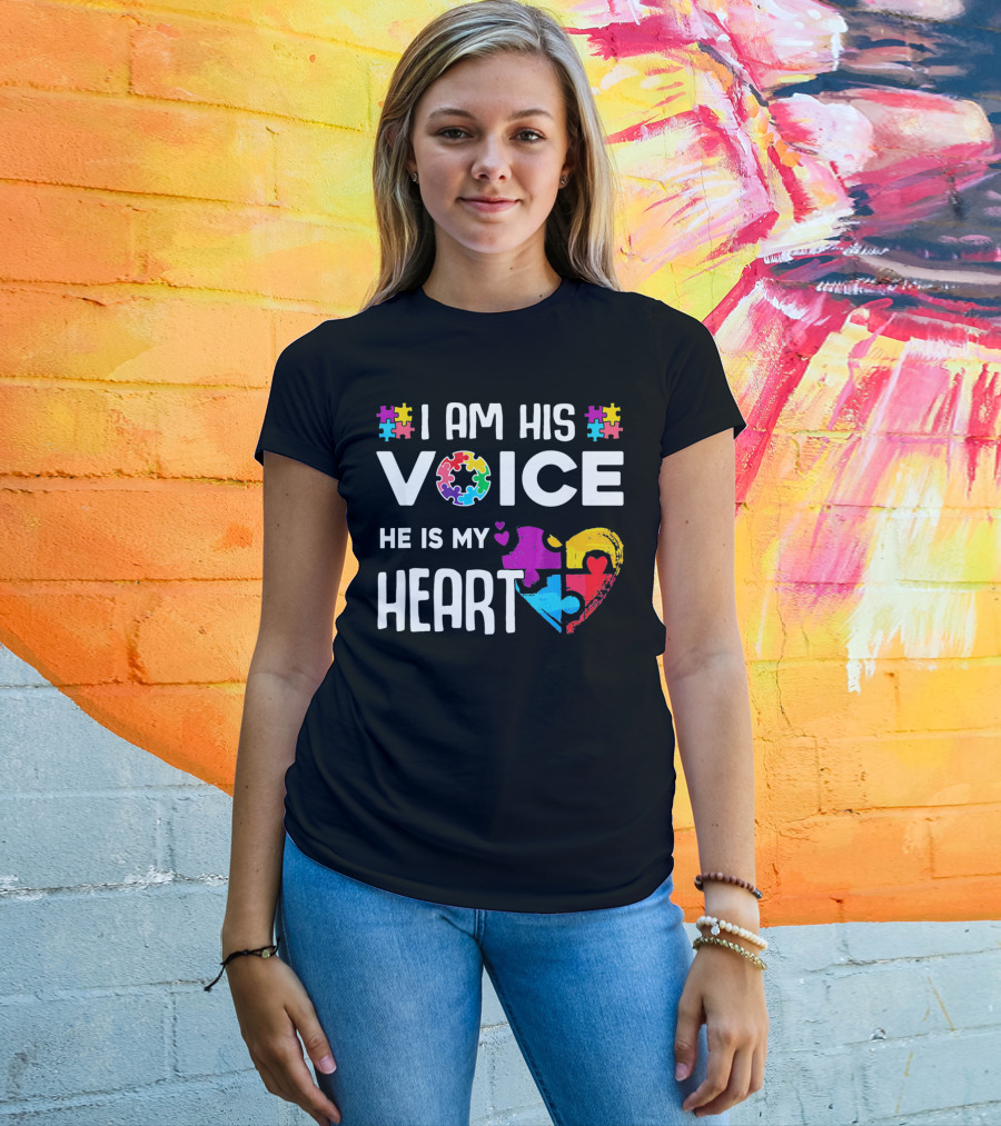 Autism Awareness I Am His Voice He Is My Heart Puzzle Piece Heart T-Shirt