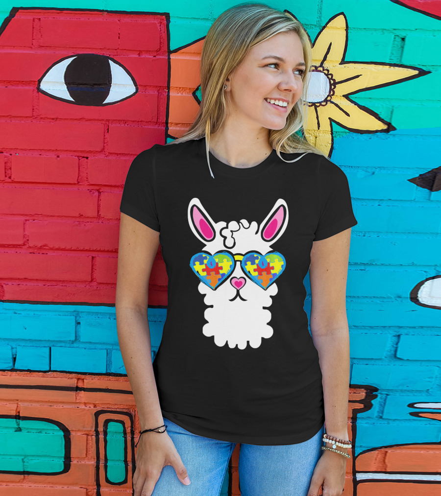Autism Awareness Llama Heart Puzzle Sunglasses T-Shirt