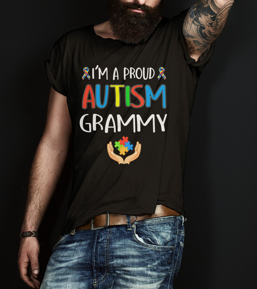 I'm A Proud Autism Grammy Awareness Puzzle Ribbon Hand T-Shirt
