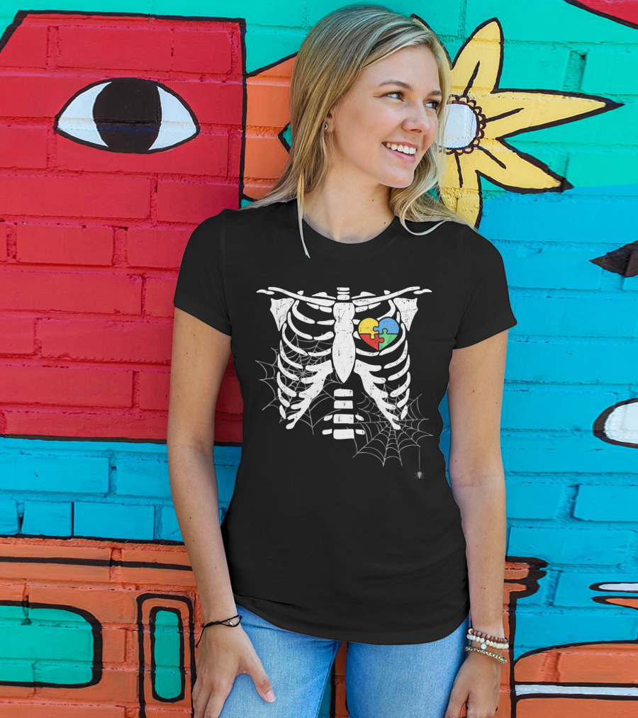 Autism Awareness Halloween Rib Cage With Heart Puzzle And Spider Webs T-Shirt