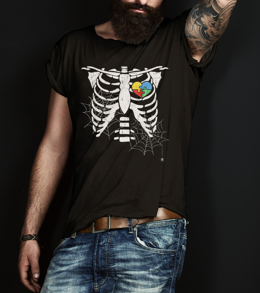 Autism Awareness Halloween Rib Cage With Heart Puzzle And Spider Webs T-Shirt