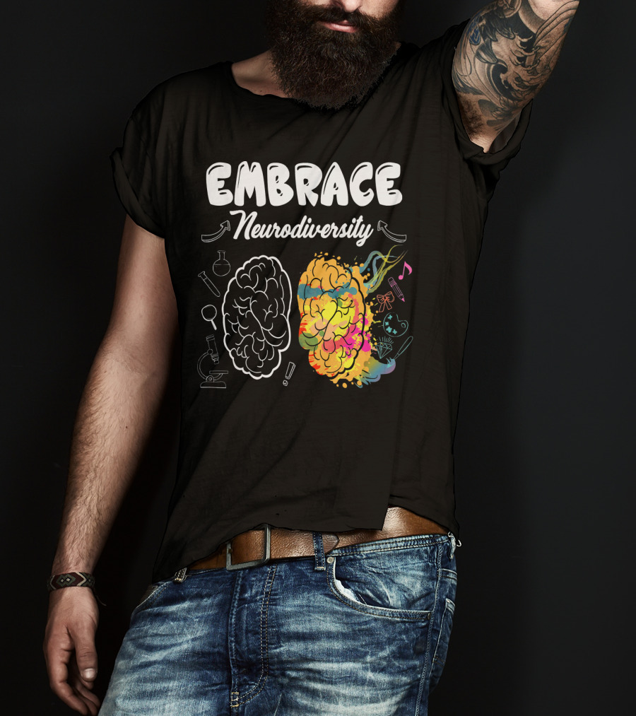 Embrace Neurodiversity Brain Autism Awareness Colorful Science Music Art Icons T-Shirt