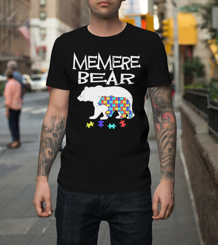 Memere Bear Autism Awareness Puzzle Pieces T-Shirt