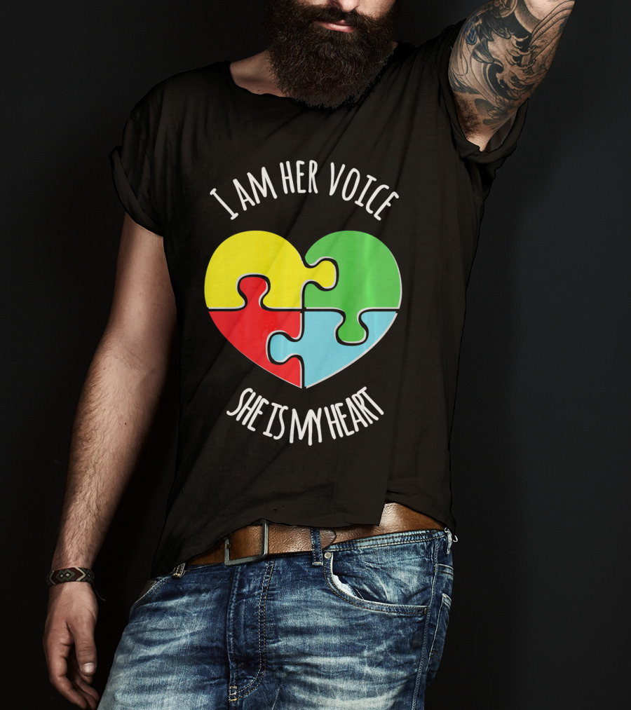 I Am Her Voice Autism Awareness She Is My Heart Puzzle Piece T-Shirt