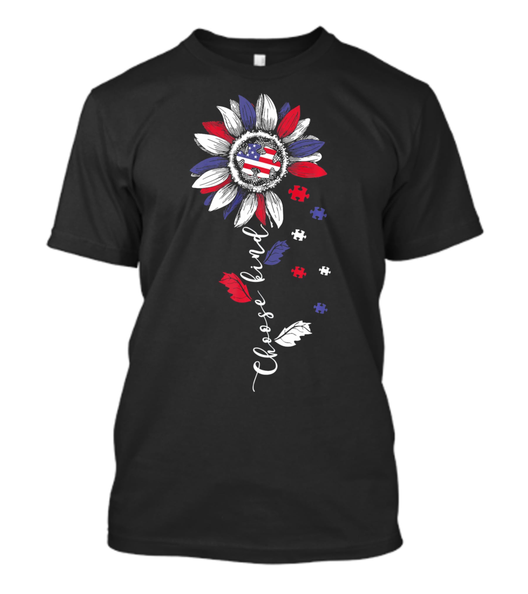 Patriotic Sunflower With Puzzle Pieces And Choose Kind Autism Awareness T-Shirt